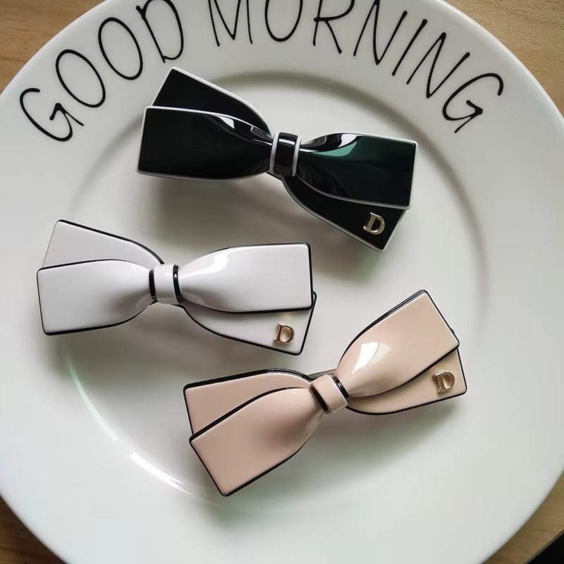 French Design White Black Color Acetate Hair Clips Vintage Acrylic Bow Barrettes Pretty Party