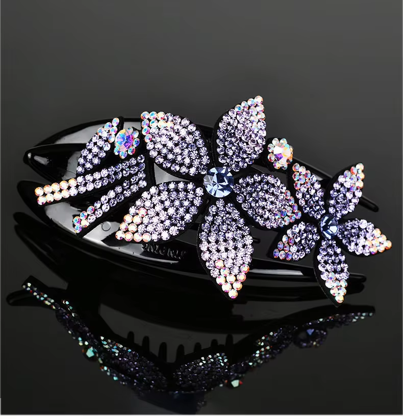 Vintage Rhinestone Flower Hair Claw Clip Hair Accessories Non-Slip Petal Shape Hairpin Women Updo Duckbill Clip Barrette